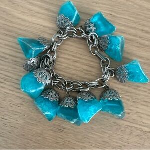 Chunky Vintage Dangle Charm Bracelet Blue  6" Long